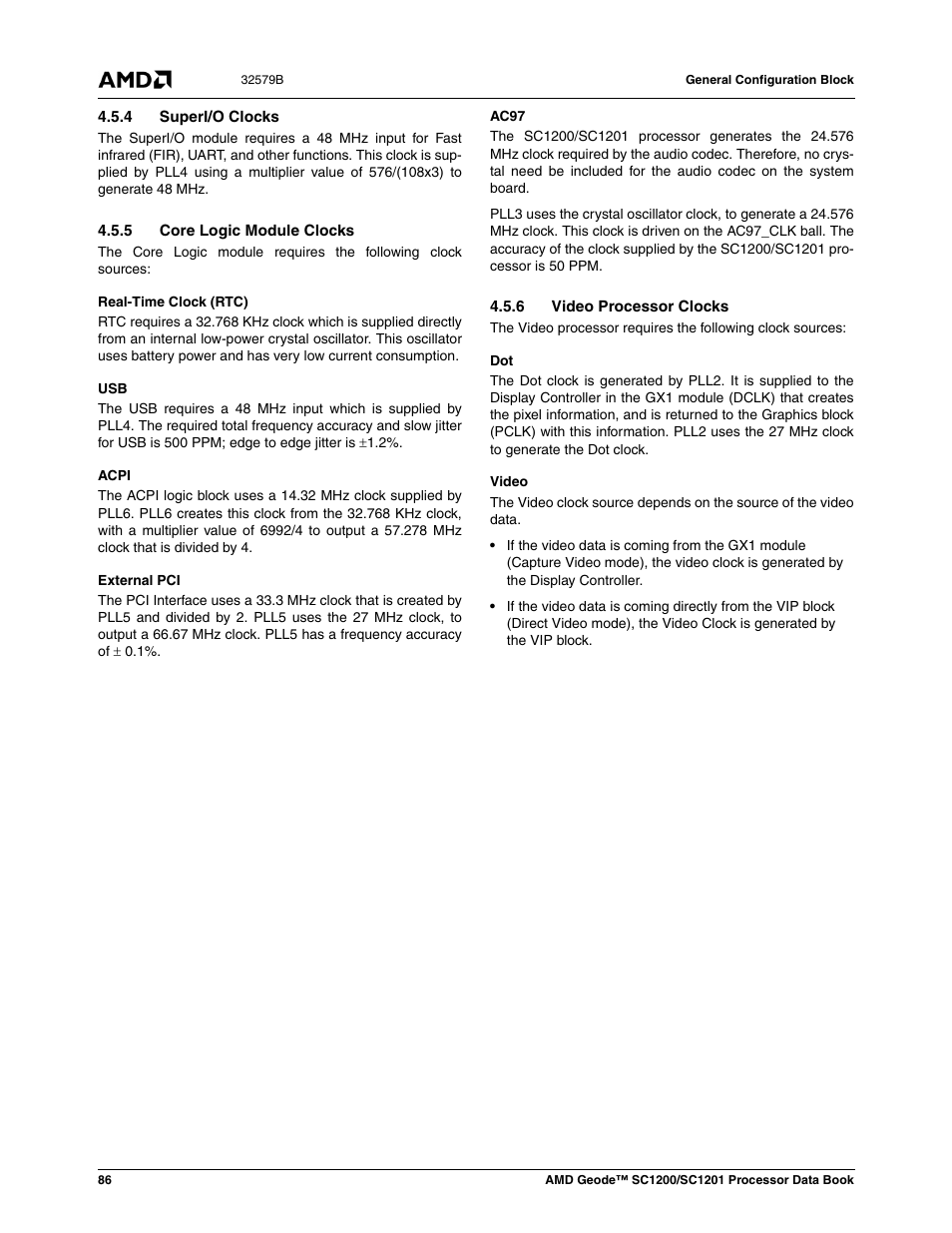 4 superi/o clocks, 5 core logic module clocks, 6 video processor clocks | AMD Geode SC1201 User Manual | Page 86 / 443