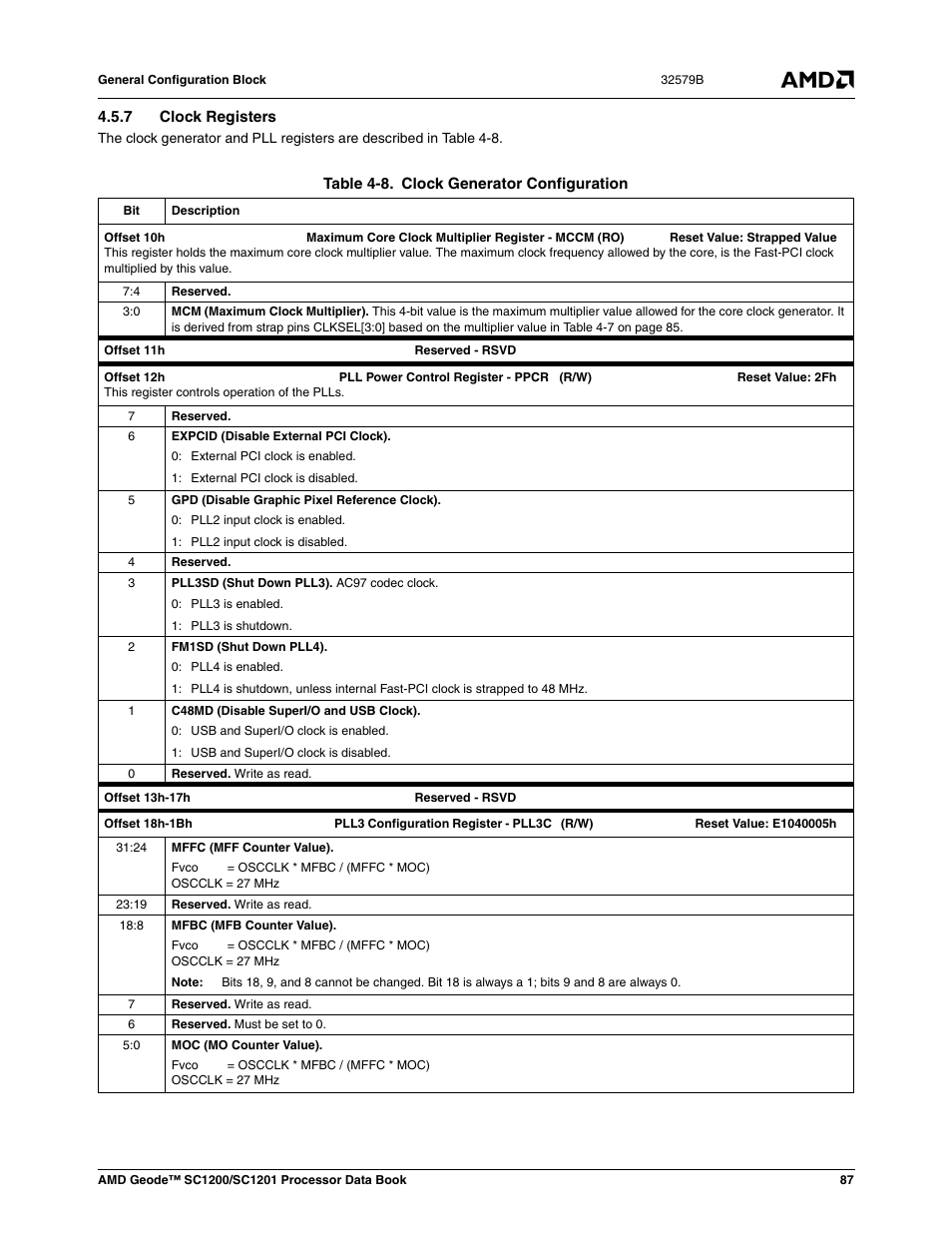 7 clock registers, Table 4-8, Clock generator configuration | AMD Geode SC1201 User Manual | Page 87 / 443