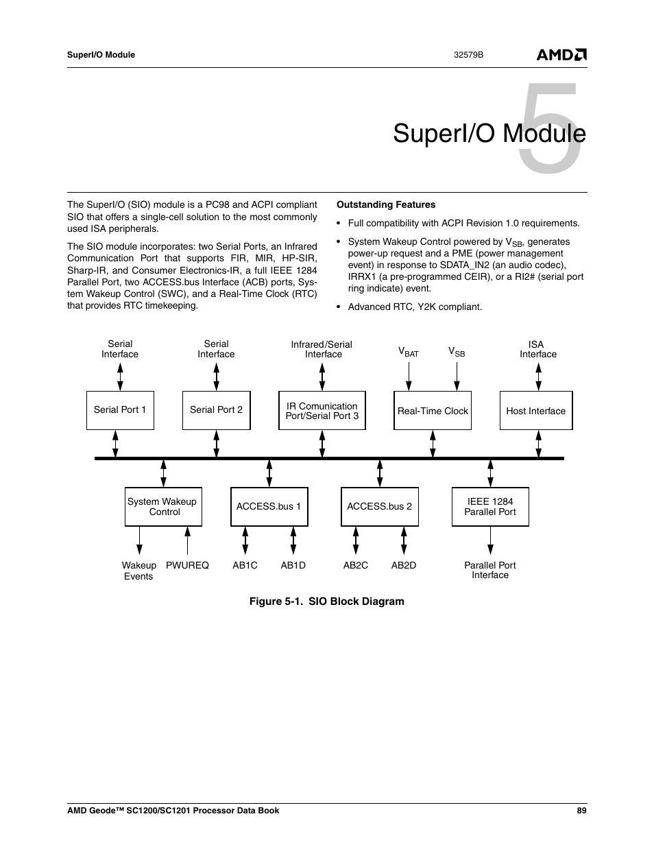 Superi/o module, Figure 5-1, Sio block diagram | 0 superi/o module | AMD Geode SC1201 User Manual | Page 89 / 443