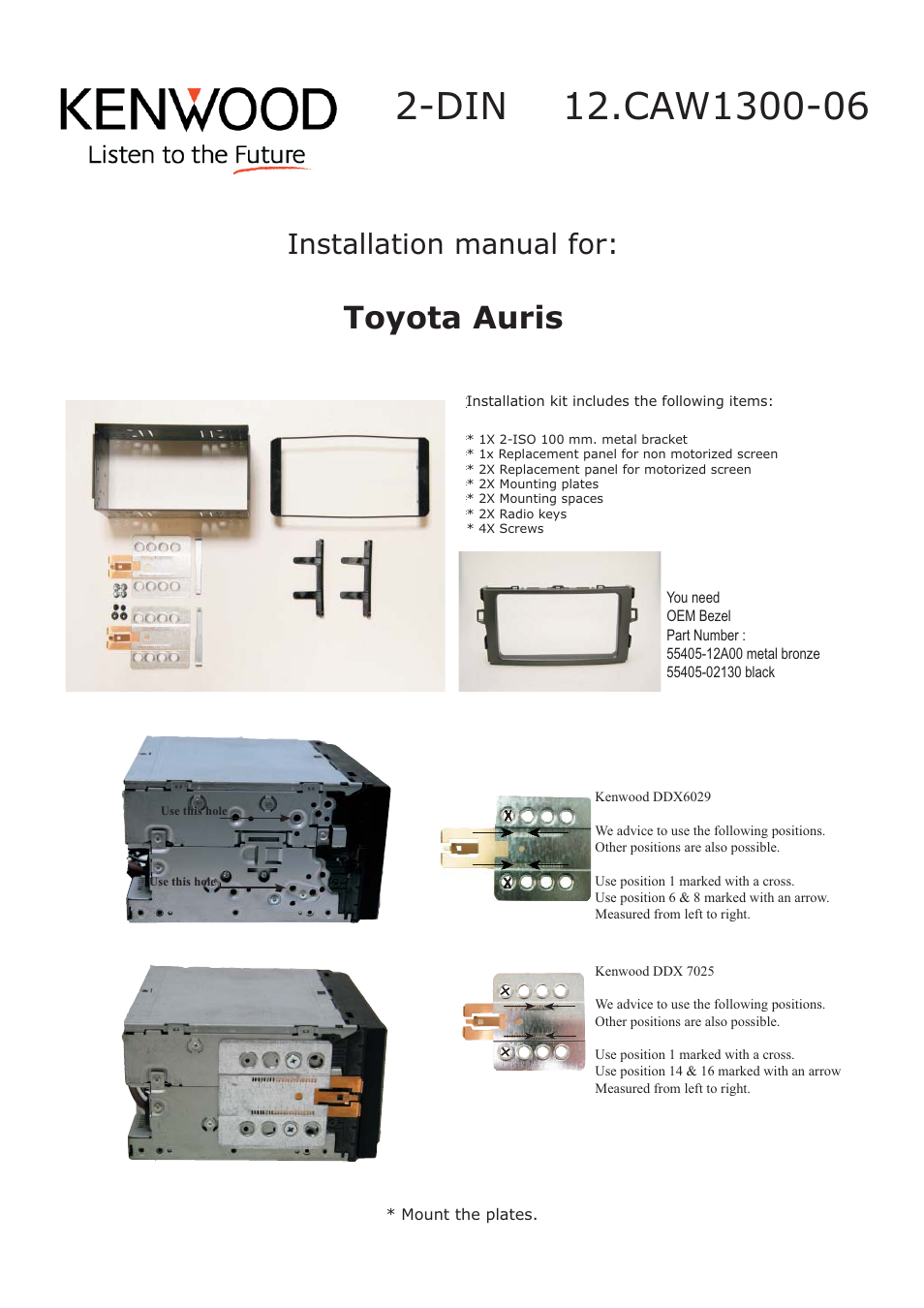 Toyota auris, Installation manual for | Kenwood CAW1300-06 User Manual | Page 3 / 10