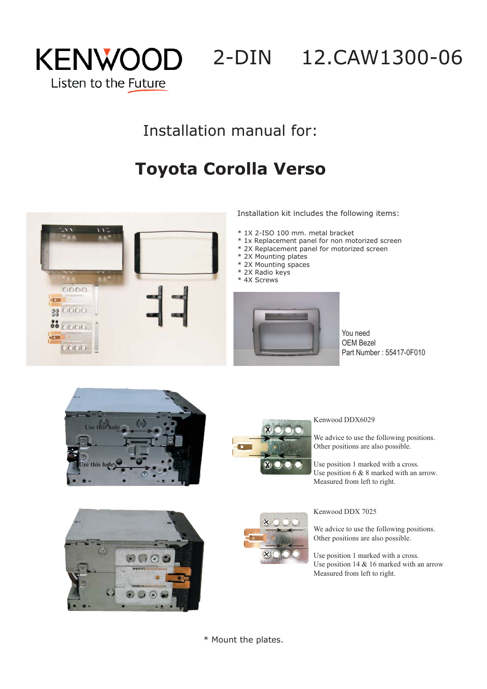 Toyota corolla verso, Installation manual for | Kenwood CAW1300-06 User Manual | Page 5 / 10