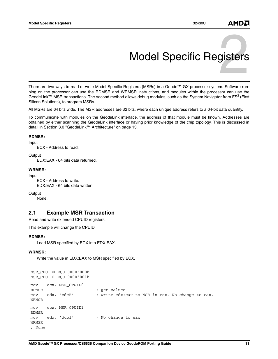 Model specific registers, 1 example msr transaction, Example msr transaction | 0 model specific registers | AMD CS5535 User Manual | Page 11 / 36