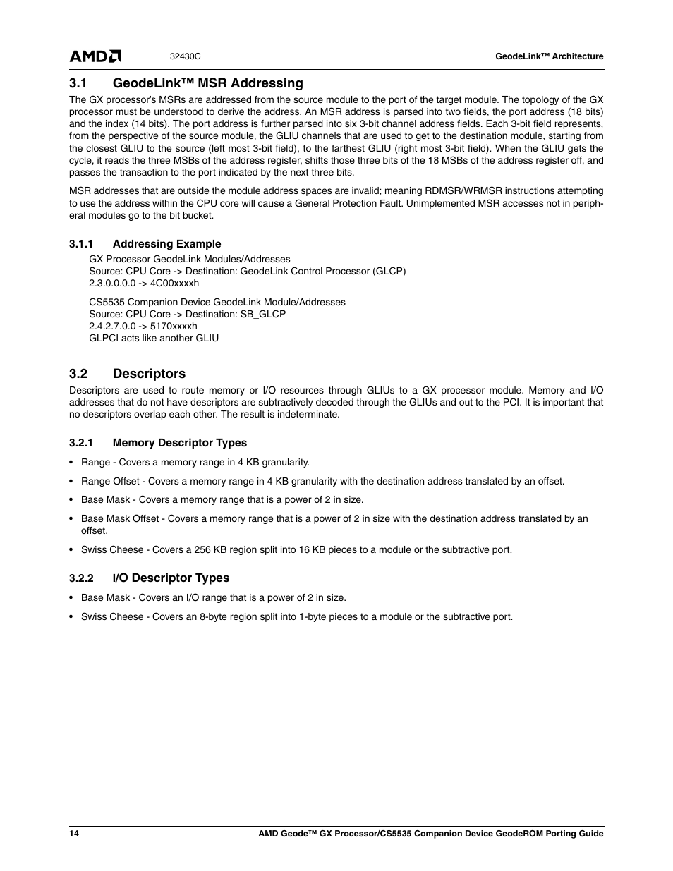 1 geodelink™ msr addressing, 1 addressing example, 2 descriptors | 1 memory descriptor types, 2 i/o descriptor types, Geodelink™ msr addressing, Descriptors | AMD CS5535 User Manual | Page 14 / 36