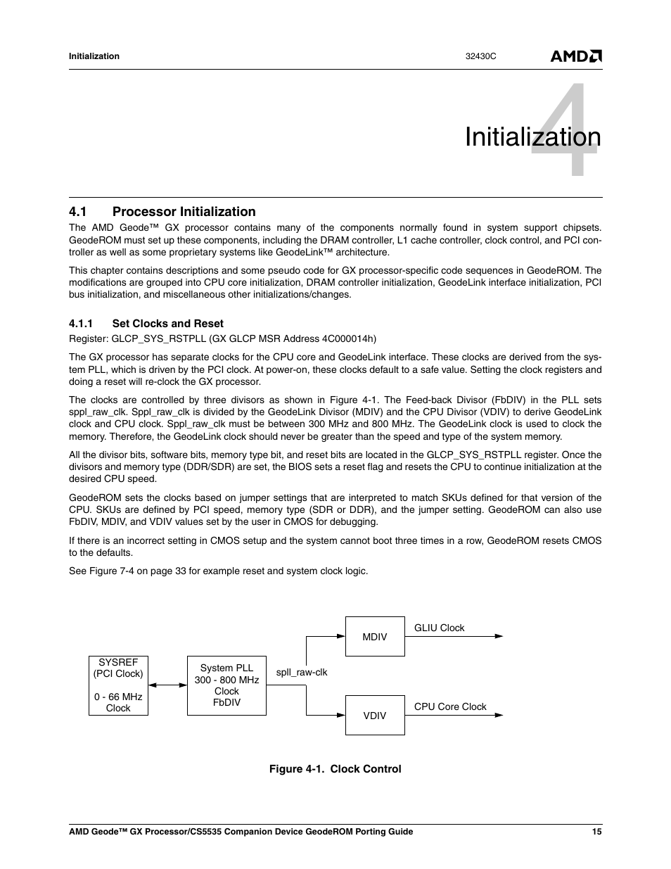 Initialization, 1 processor initialization, 1 set clocks and reset | Processor initialization, Figure 4-1, Clock control, 0 initialization | AMD CS5535 User Manual | Page 15 / 36