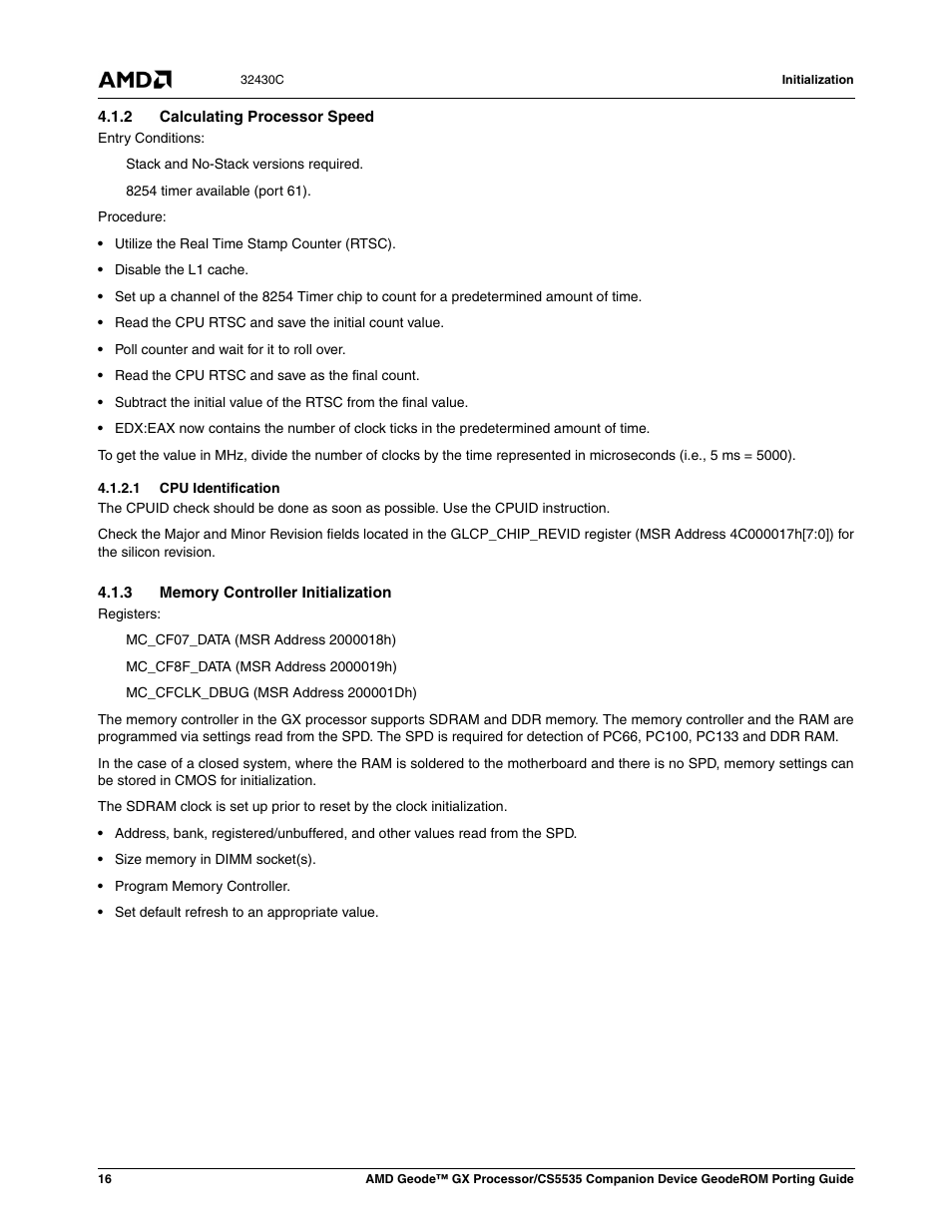 2 calculating processor speed, 1 cpu identification, 3 memory controller initialization | AMD CS5535 User Manual | Page 16 / 36