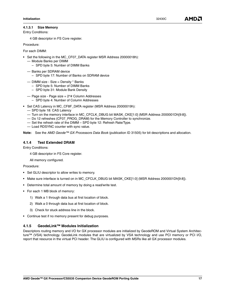 1 size memory, 4 test extended dram, 5 geodelink™ modules initialization | AMD CS5535 User Manual | Page 17 / 36