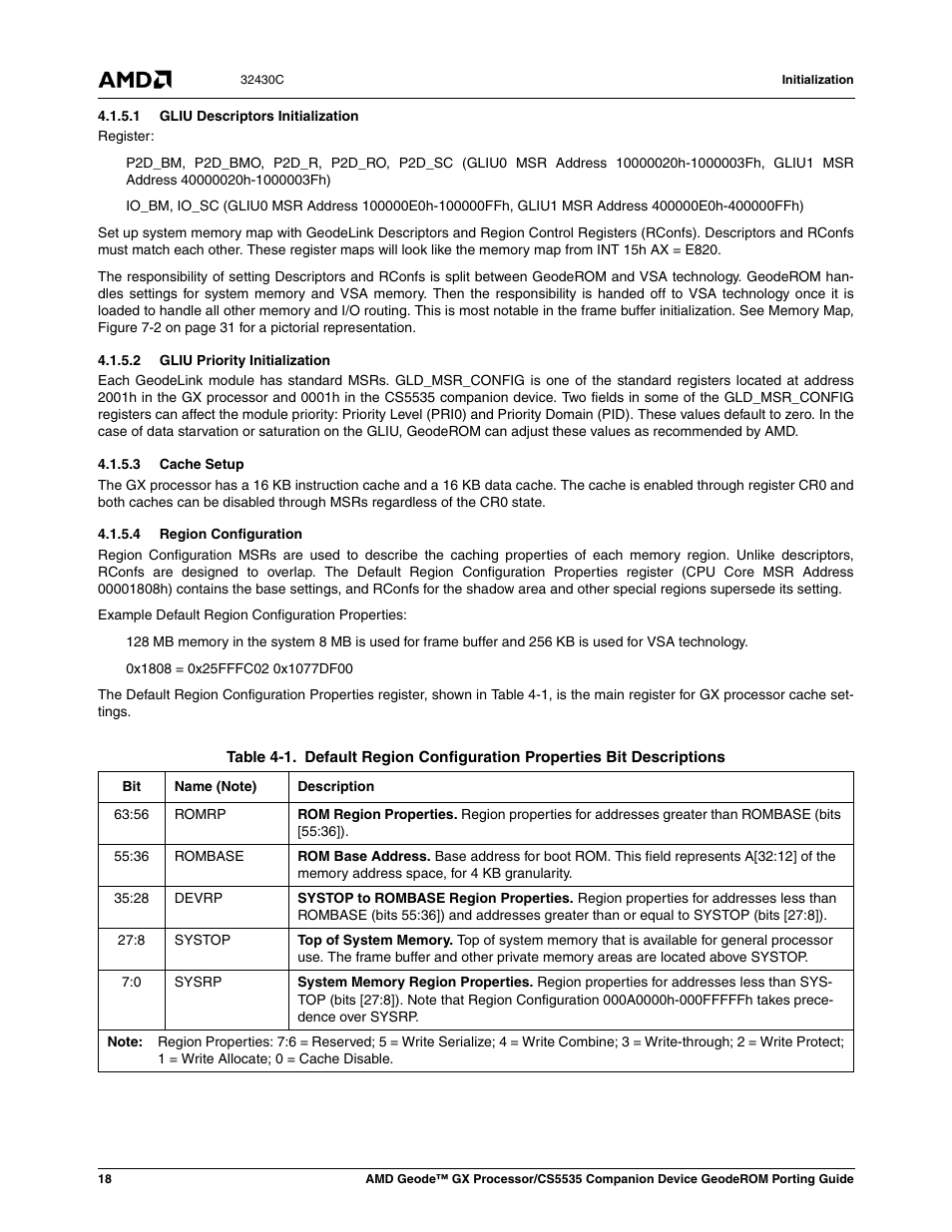 1 gliu descriptors initialization, 2 gliu priority initialization, 3 cache setup | 4 region configuration, Table 4-1 | AMD CS5535 User Manual | Page 18 / 36