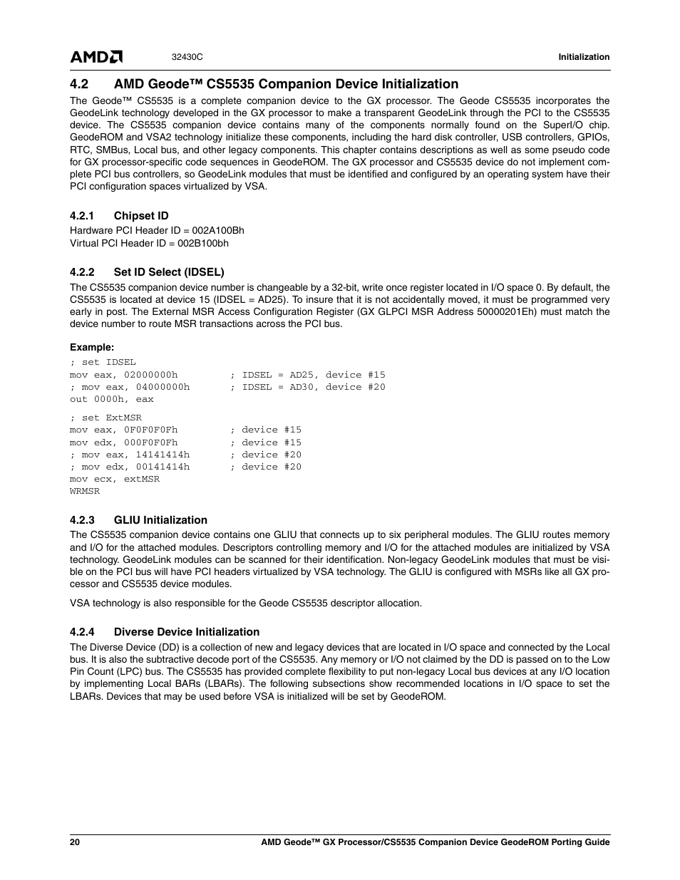 1 chipset id, 2 set id select (idsel), 3 gliu initialization | 4 diverse device initialization, Amd geode™ cs5535 companion device initialization | AMD CS5535 User Manual | Page 20 / 36