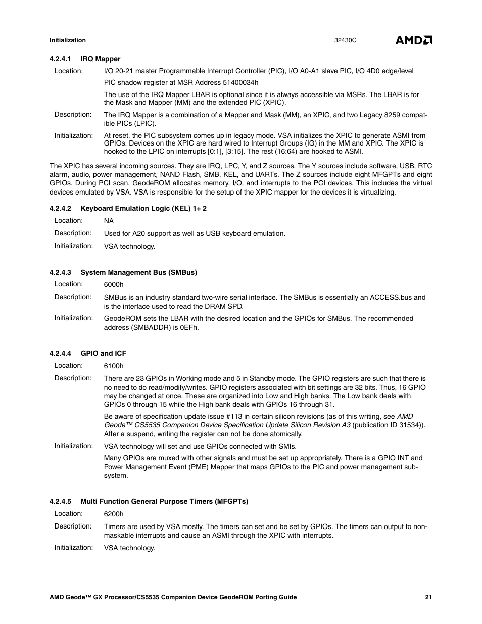 1 irq mapper, 2 keyboard emulation logic (kel) 1+ 2, 3 system management bus (smbus) | 4 gpio and icf, 5 multi function general purpose timers (mfgpts) | AMD CS5535 User Manual | Page 21 / 36