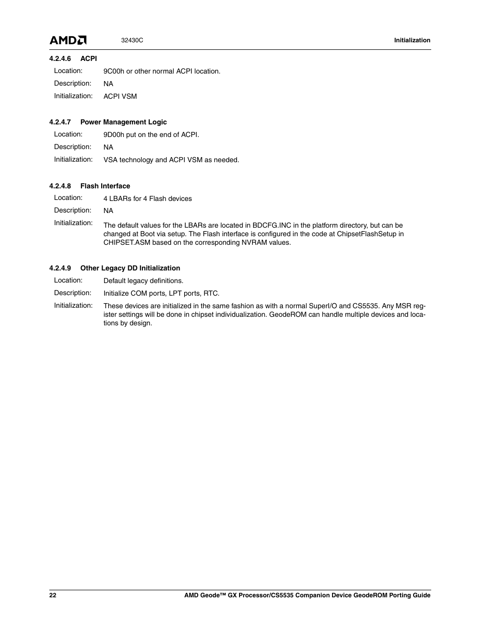 6 acpi, 7 power management logic, 8 flash interface | 9 other legacy dd initialization | AMD CS5535 User Manual | Page 22 / 36