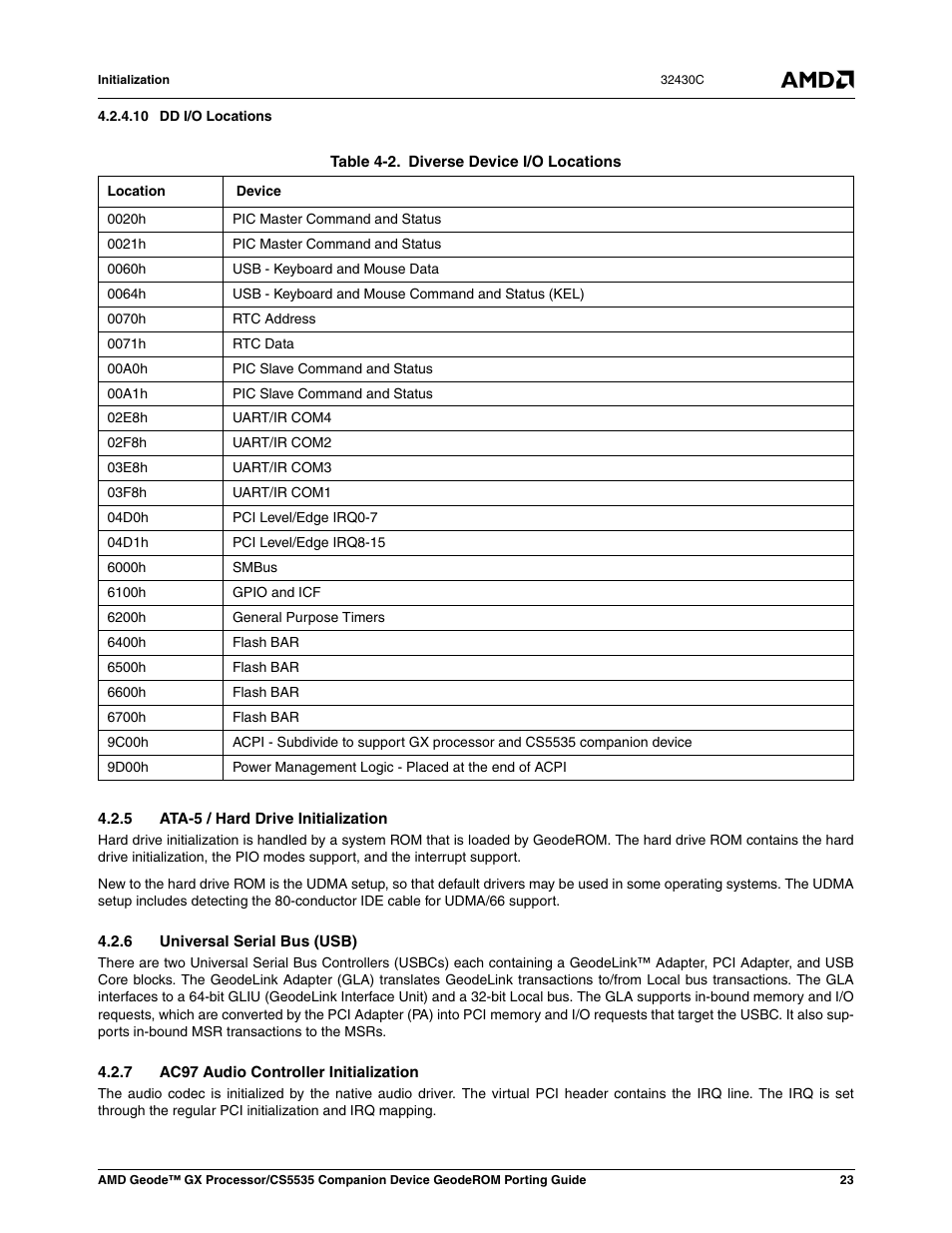 10 dd i/o locations, 5 ata-5 / hard drive initialization, 6 universal serial bus (usb) | 7 ac97 audio controller initialization, List of tables, Table 4-2, Diverse device i/o locations | AMD CS5535 User Manual | Page 23 / 36