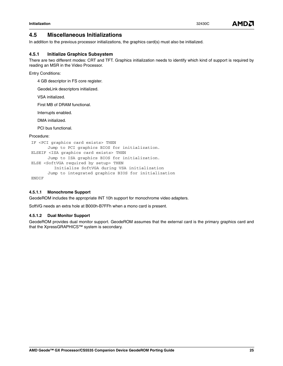 5 miscellaneous initializations, 1 initialize graphics subsystem, 1 monochrome support | 2 dual monitor support, Miscellaneous initializations | AMD CS5535 User Manual | Page 25 / 36