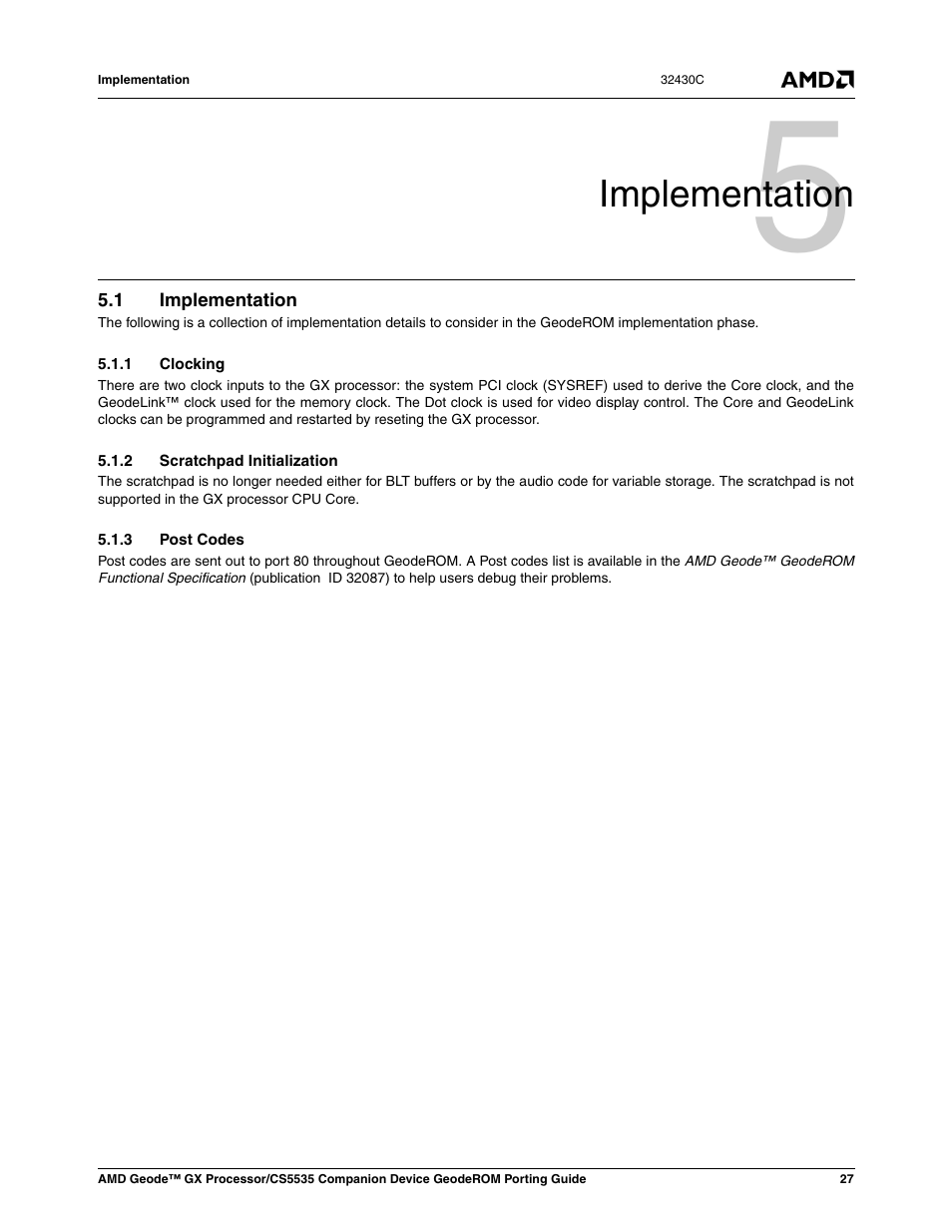 Implementation, 1 implementation, 1 clocking | 2 scratchpad initialization, 3 post codes, 0 implementation | AMD CS5535 User Manual | Page 27 / 36