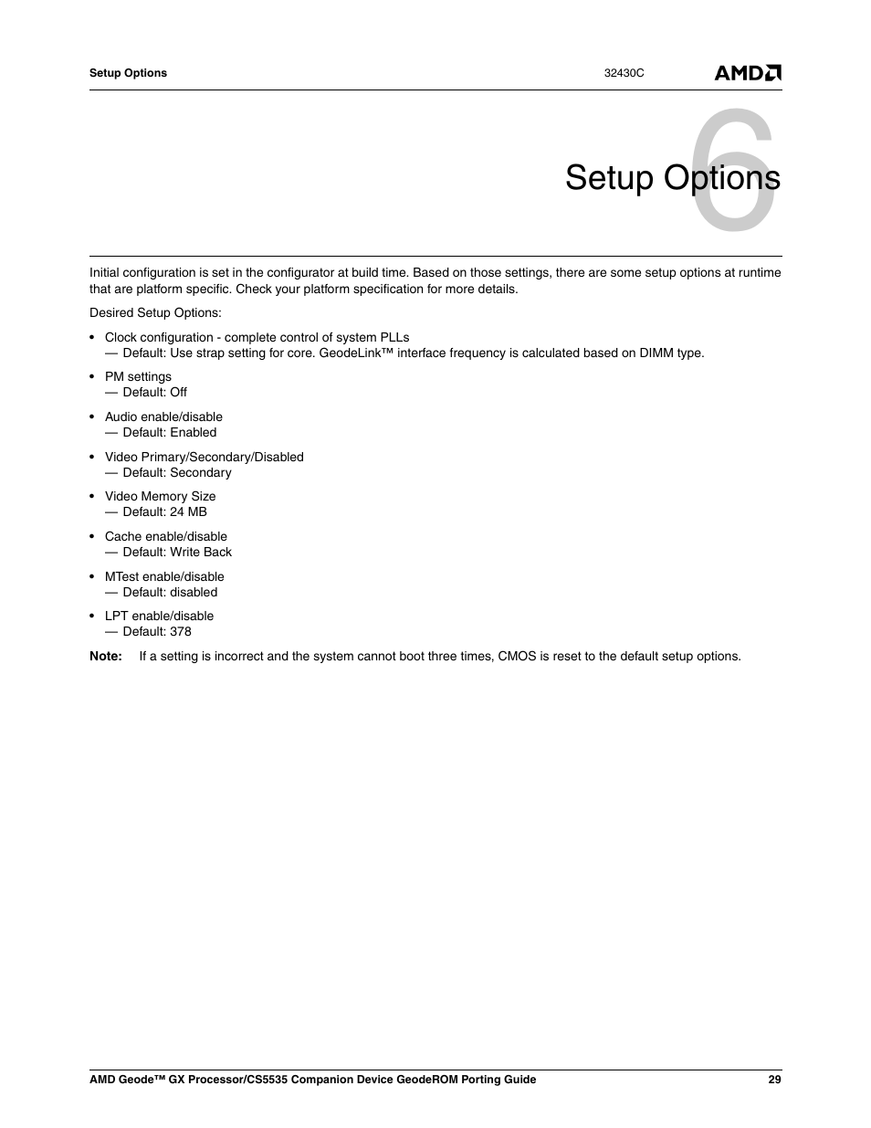 Setup options, 0 setup options | AMD CS5535 User Manual | Page 29 / 36