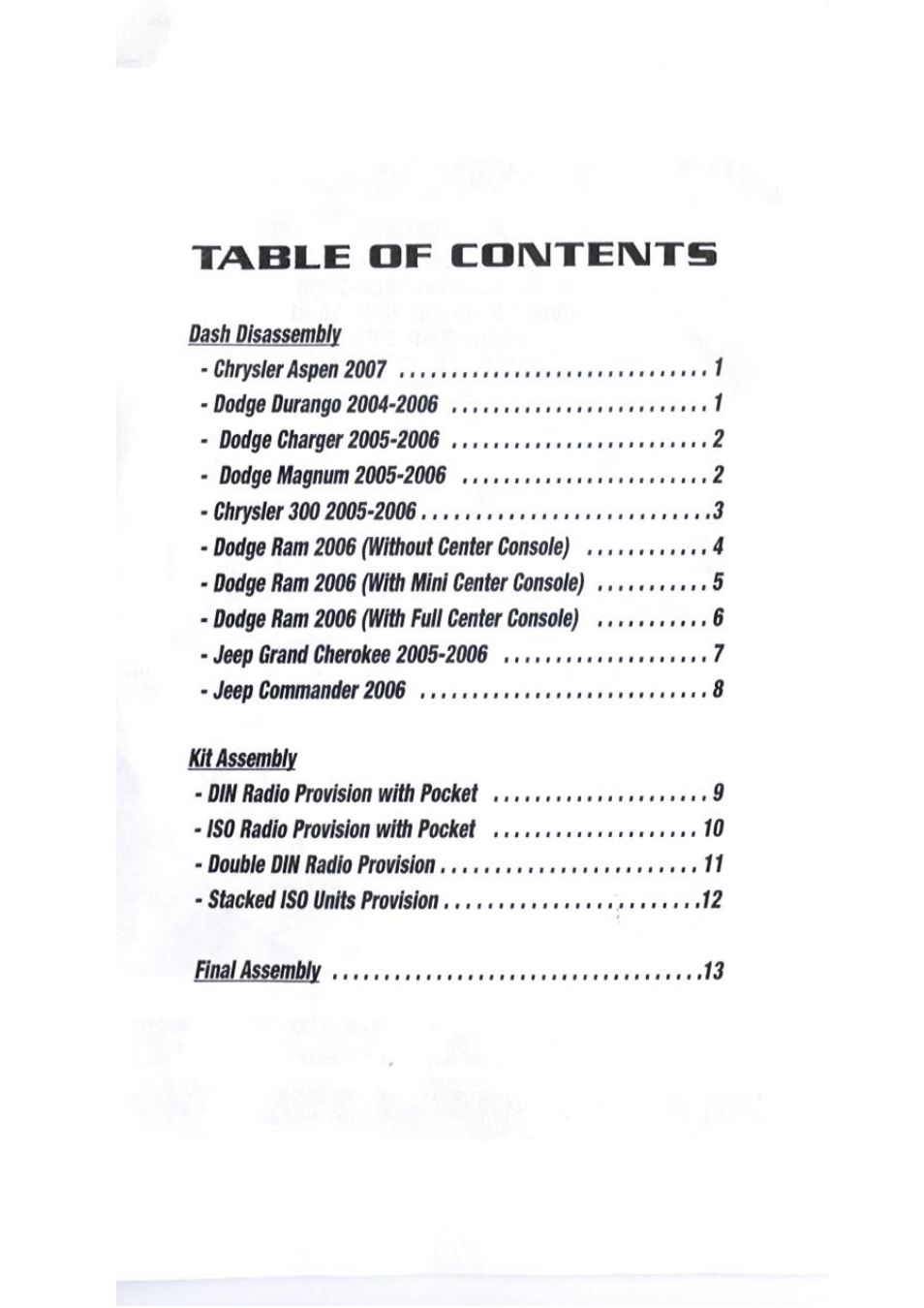 Table of coimteixits, Chrysler aspen 2007 | Kenwood CAW1035-01 User Manual | Page 2 / 14