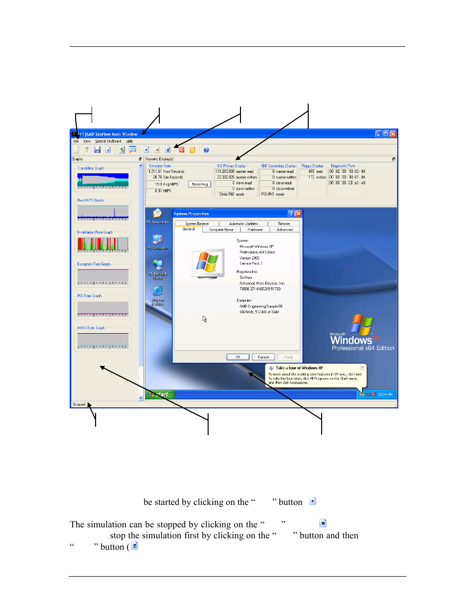 Graphical user interface, Tool bar buttons, Figure 3-1: main window (in simulation) | 3 graphical user interface, 1 tool bar buttons | AMD SimNow Simulator 4.4.4 User Manual | Page 19 / 269