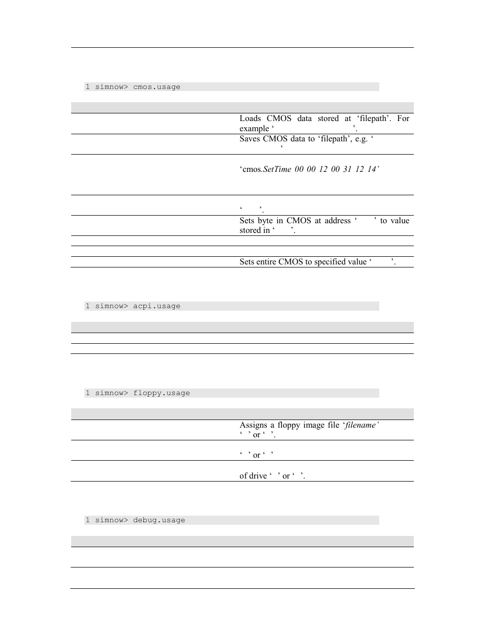 Cmos, Acpi, Floppy | Debug | AMD SimNow Simulator 4.4.4 User Manual | Page 247 / 269