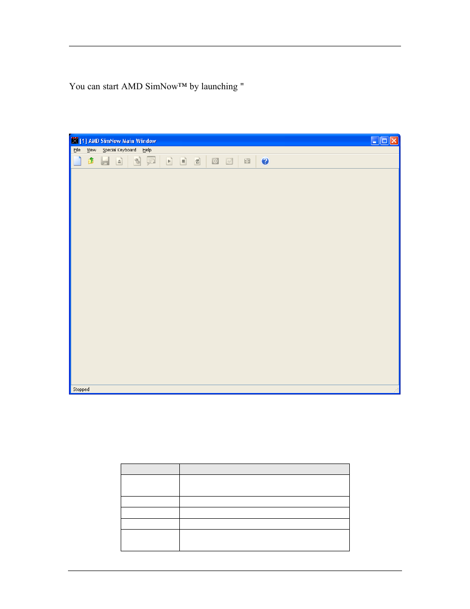 Running the simulator, Command-line arguments, Figure 5-1: main window (no bsd loaded) | 5 running the simulator | AMD SimNow Simulator 4.4.4 User Manual | Page 47 / 269