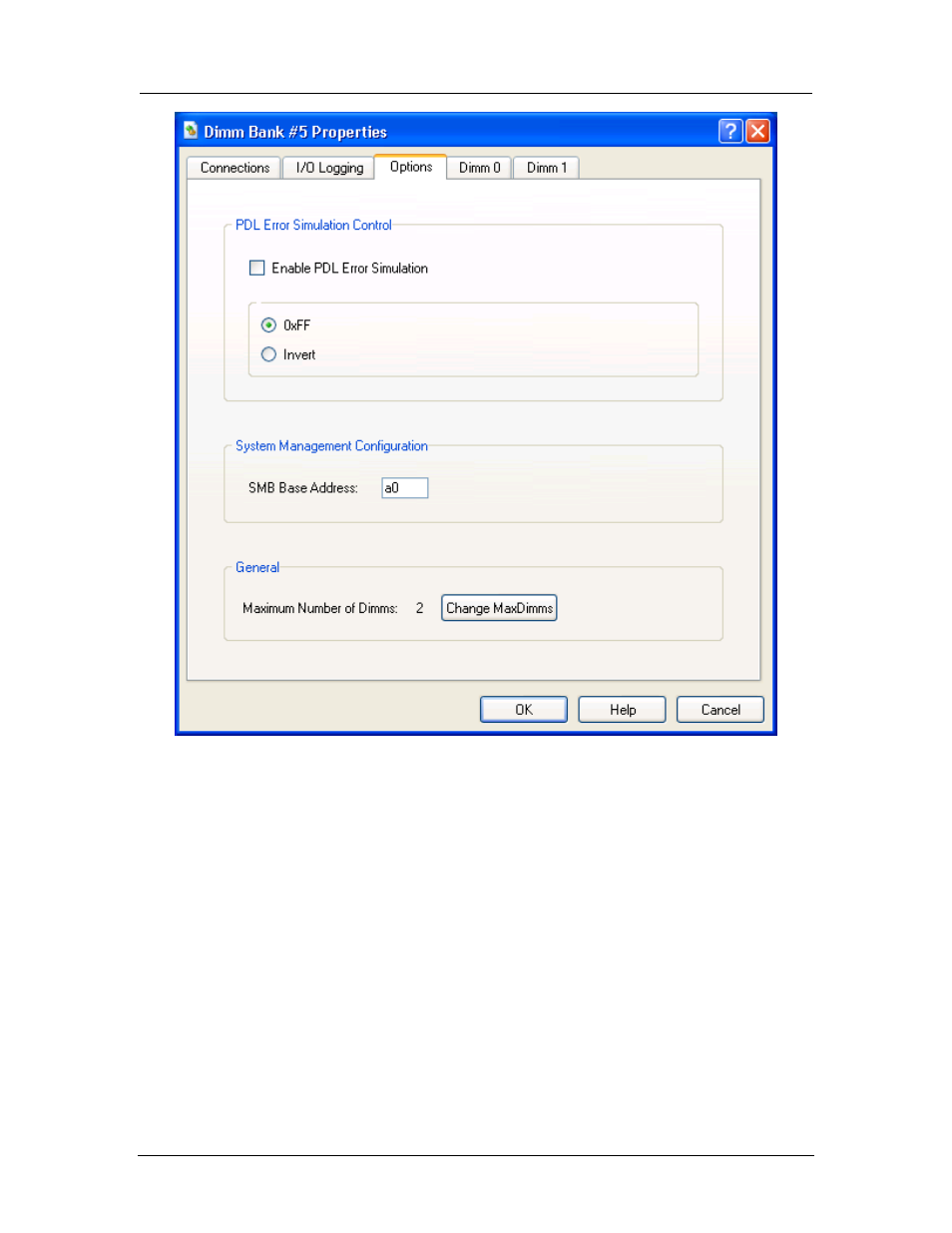 Figure 7-8: dimm-bank options properties dialog | AMD SimNow Simulator 4.4.4 User Manual | Page 70 / 269