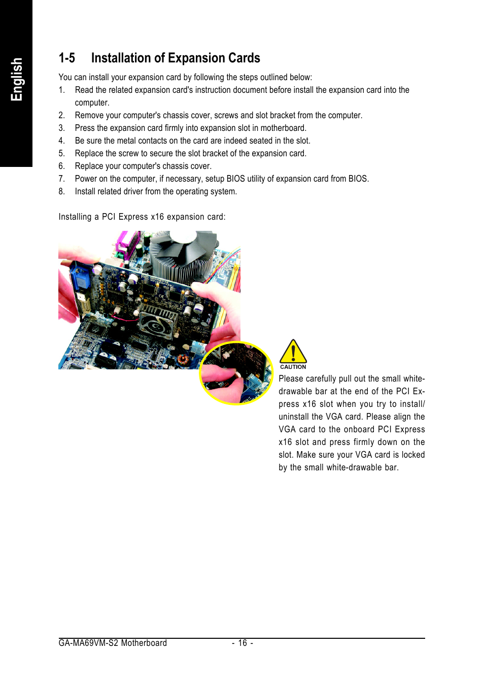 English, 5 installation of expansion cards | AMD GA-MA69VM-S2 User Manual | Page 16 / 88