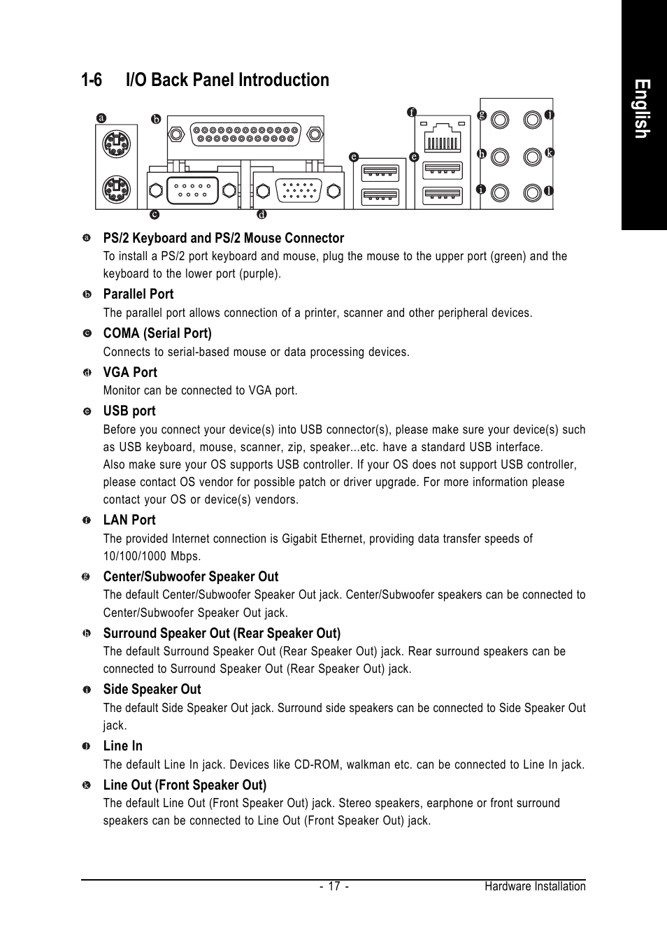 English, 6 i/o back panel introduction | AMD GA-MA69VM-S2 User Manual | Page 17 / 88