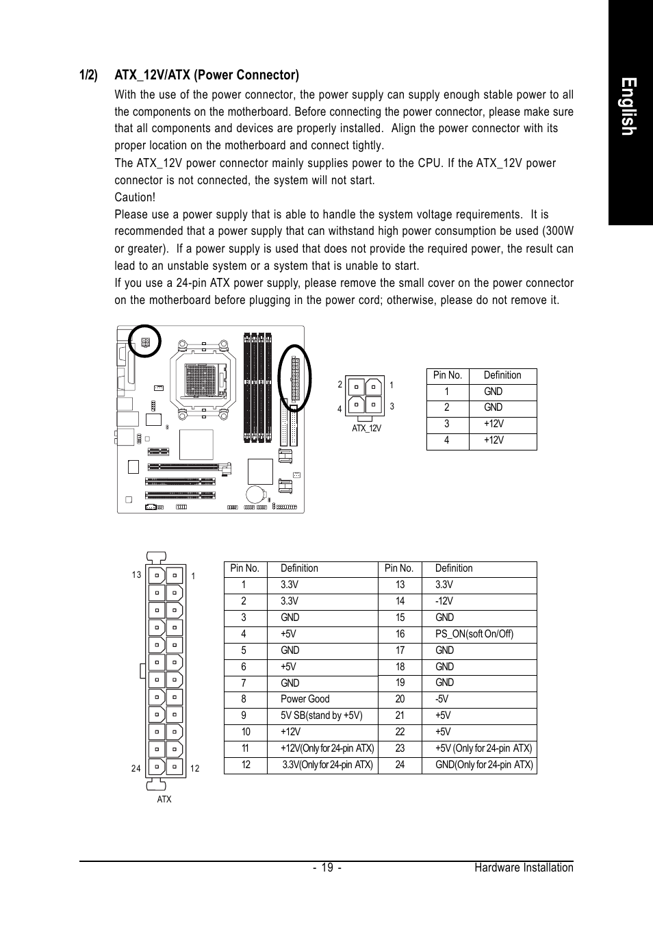 English, 1/2) atx_12v/atx (power connector) | AMD GA-MA69VM-S2 User Manual | Page 19 / 88