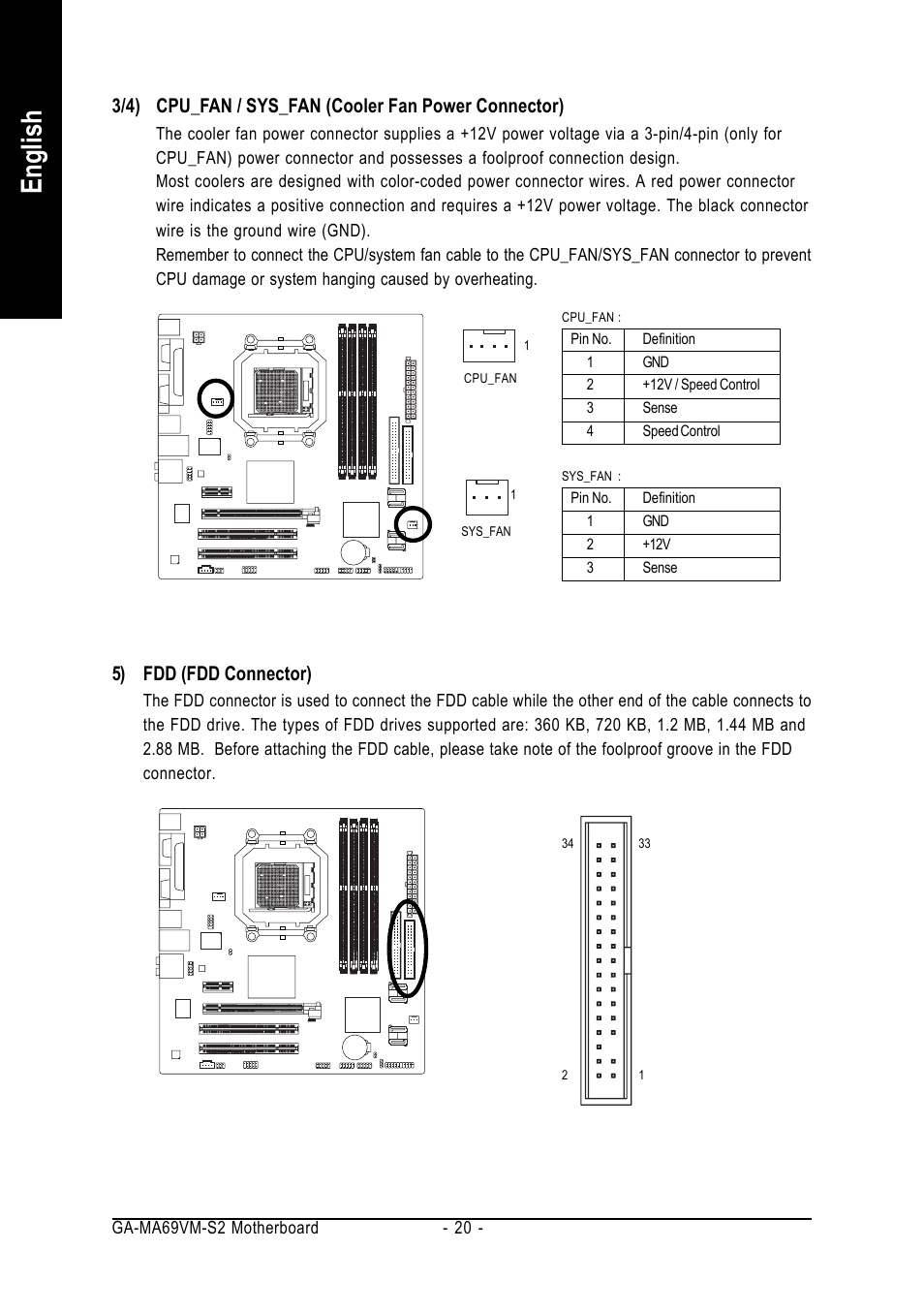 English, 5) fdd (fdd connector) | AMD GA-MA69VM-S2 User Manual | Page 20 / 88