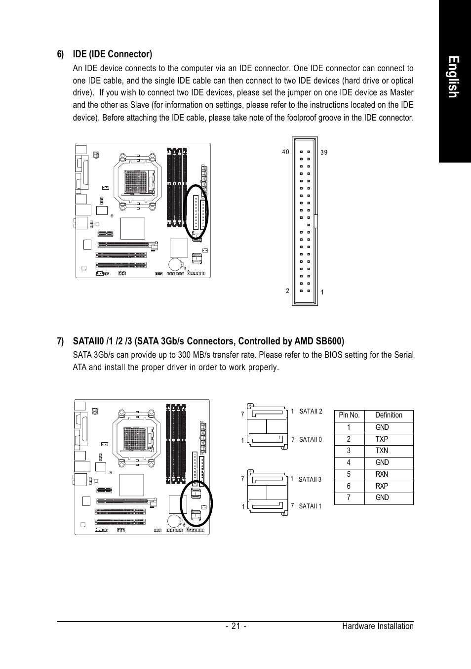 English, 6) ide (ide connector) | AMD GA-MA69VM-S2 User Manual | Page 21 / 88