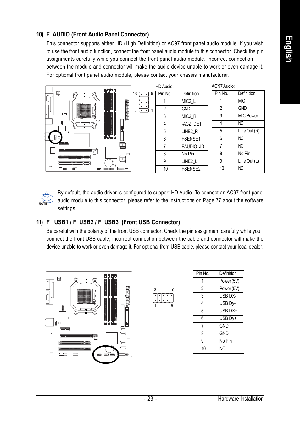 English, 10) f_audio (front audio panel connector) | AMD GA-MA69VM-S2 User Manual | Page 23 / 88