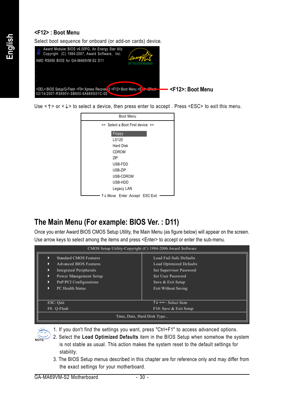 English, The main menu (for example: bios ver. : d11), F12> : boot menu | F12>: boot menu | AMD GA-MA69VM-S2 User Manual | Page 30 / 88