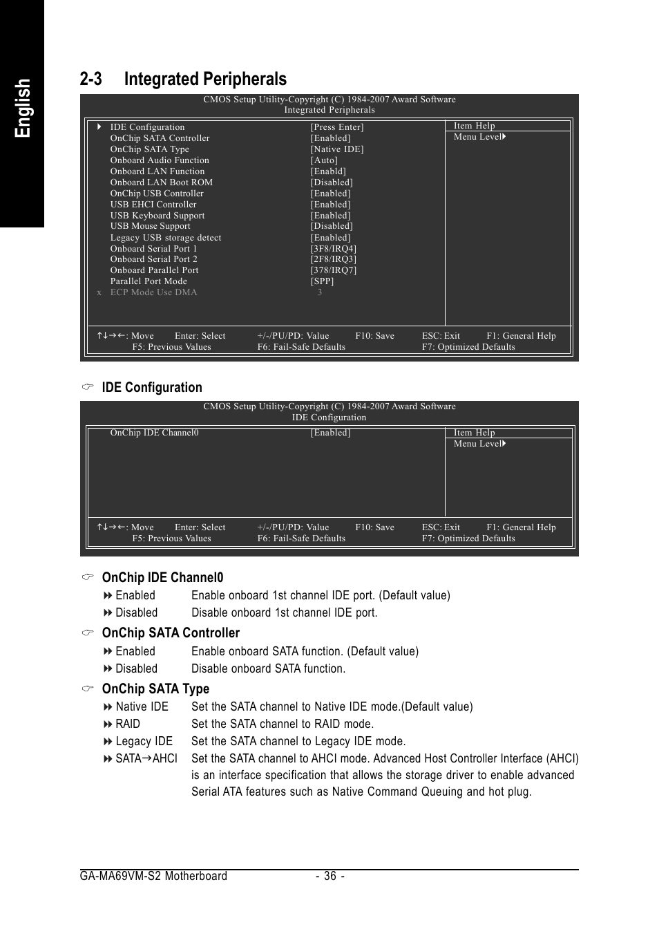 English, 3 integrated peripherals, Ide configuration | Onchip ide channel0, Onchip sata controller, Onchip sata type | AMD GA-MA69VM-S2 User Manual | Page 36 / 88