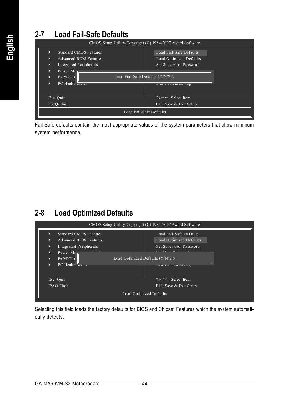 English, 7 load fail-safe defaults, 8 load optimized defaults | AMD GA-MA69VM-S2 User Manual | Page 44 / 88