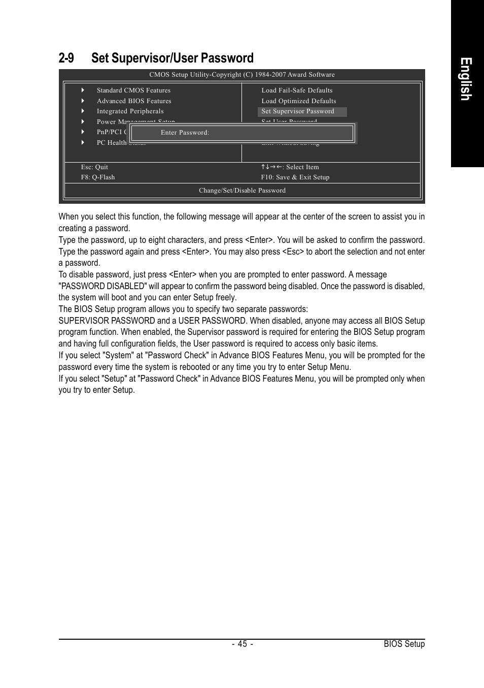 English, 9 set supervisor/user password | AMD GA-MA69VM-S2 User Manual | Page 45 / 88