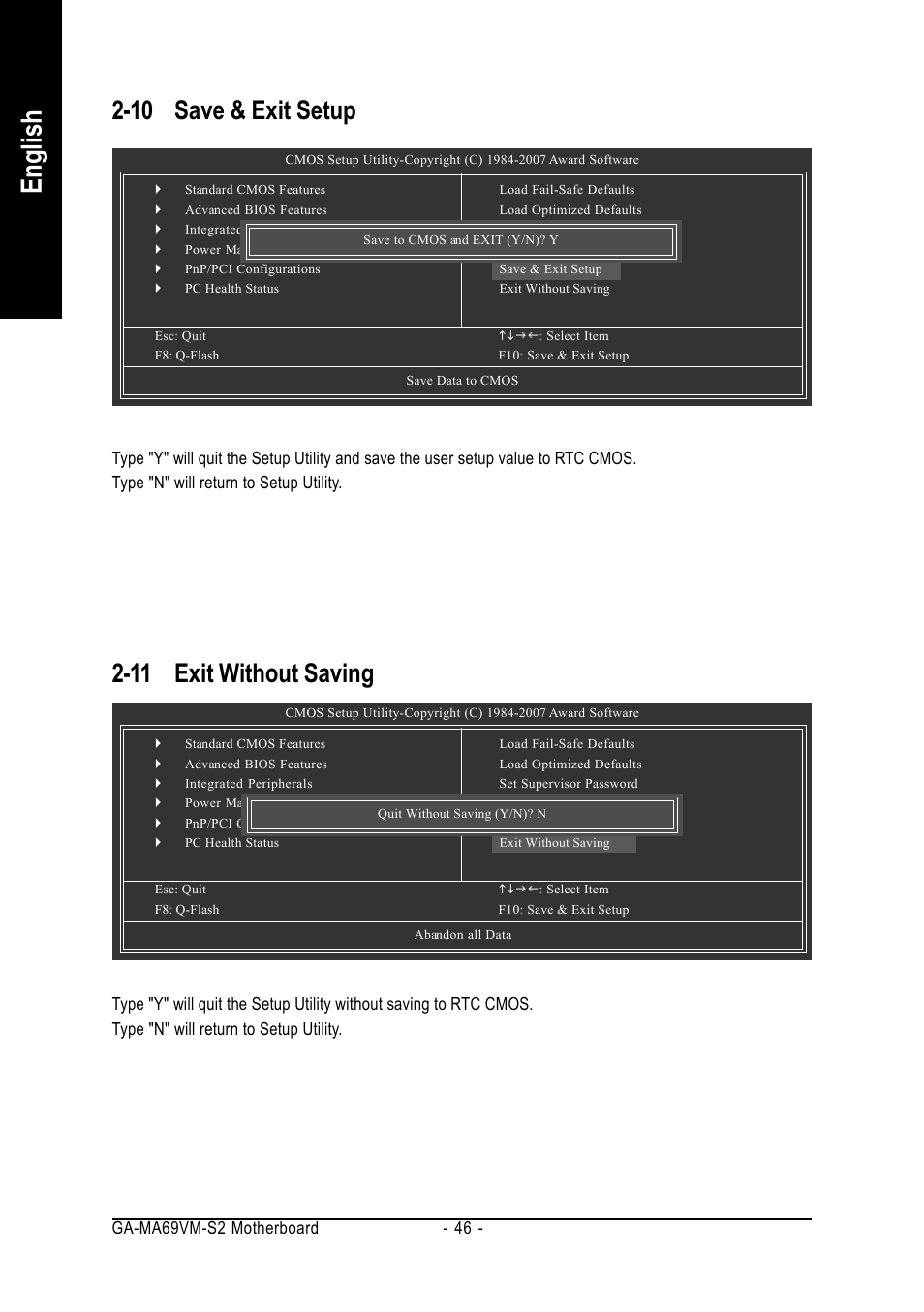 English, 10 save & exit setup, 11 exit without saving | AMD GA-MA69VM-S2 User Manual | Page 46 / 88