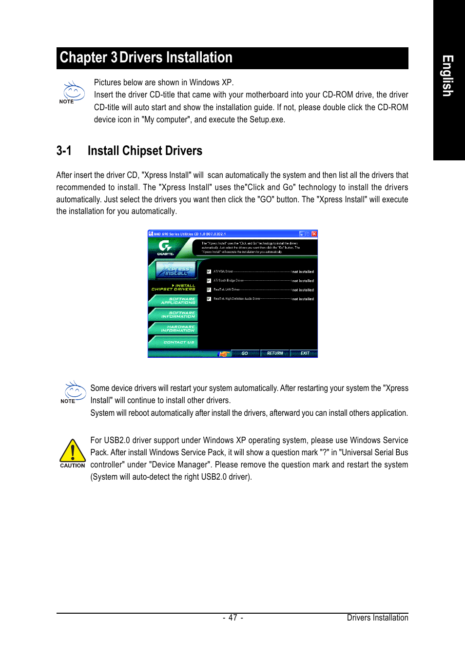 Chapter 3drivers installation, English, 1 install chipset drivers | AMD GA-MA69VM-S2 User Manual | Page 47 / 88