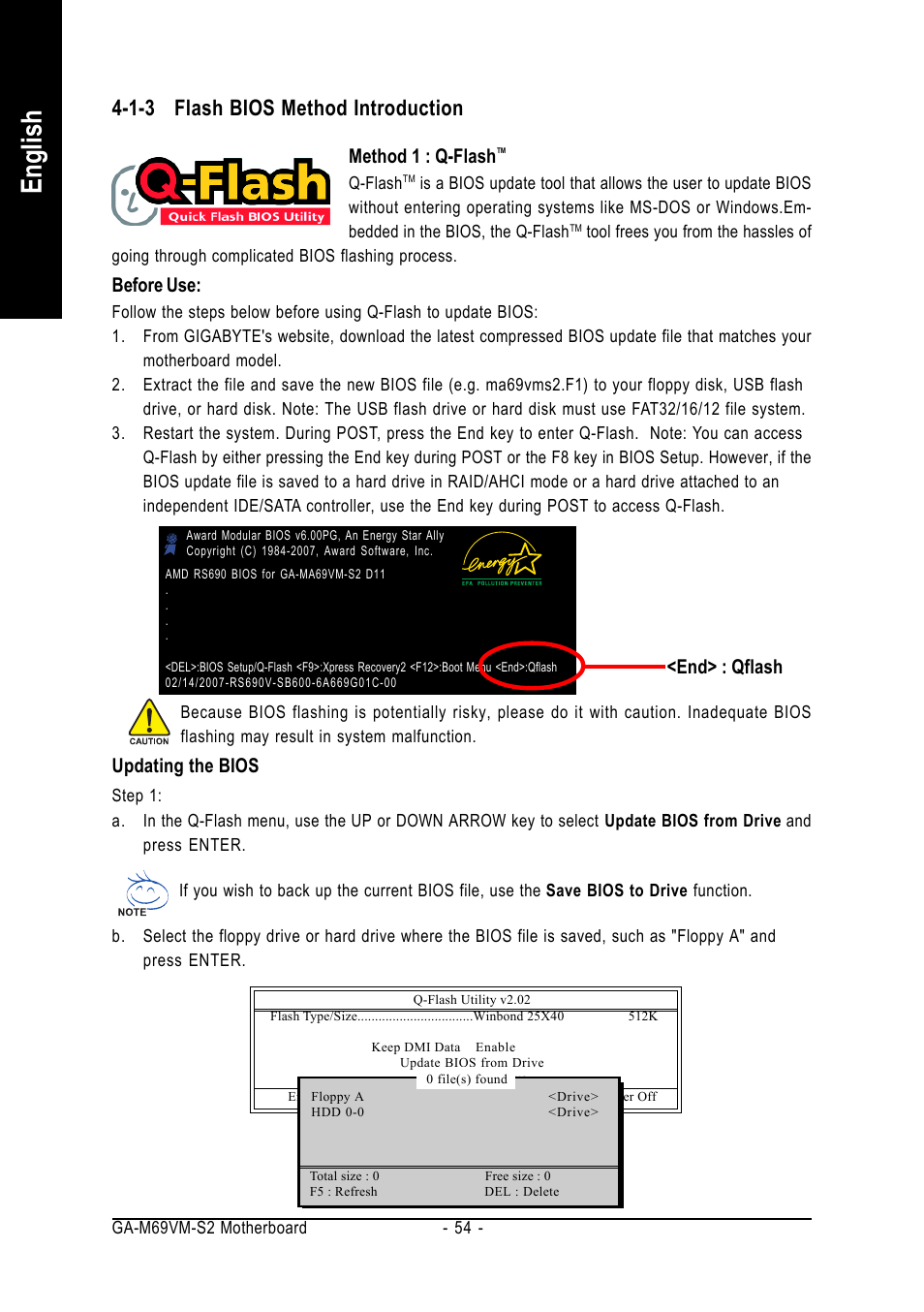 English, 1-3 flash bios method introduction, Updating the bios | Method 1 : q-flash, End> : qflash, Before use | AMD GA-MA69VM-S2 User Manual | Page 54 / 88