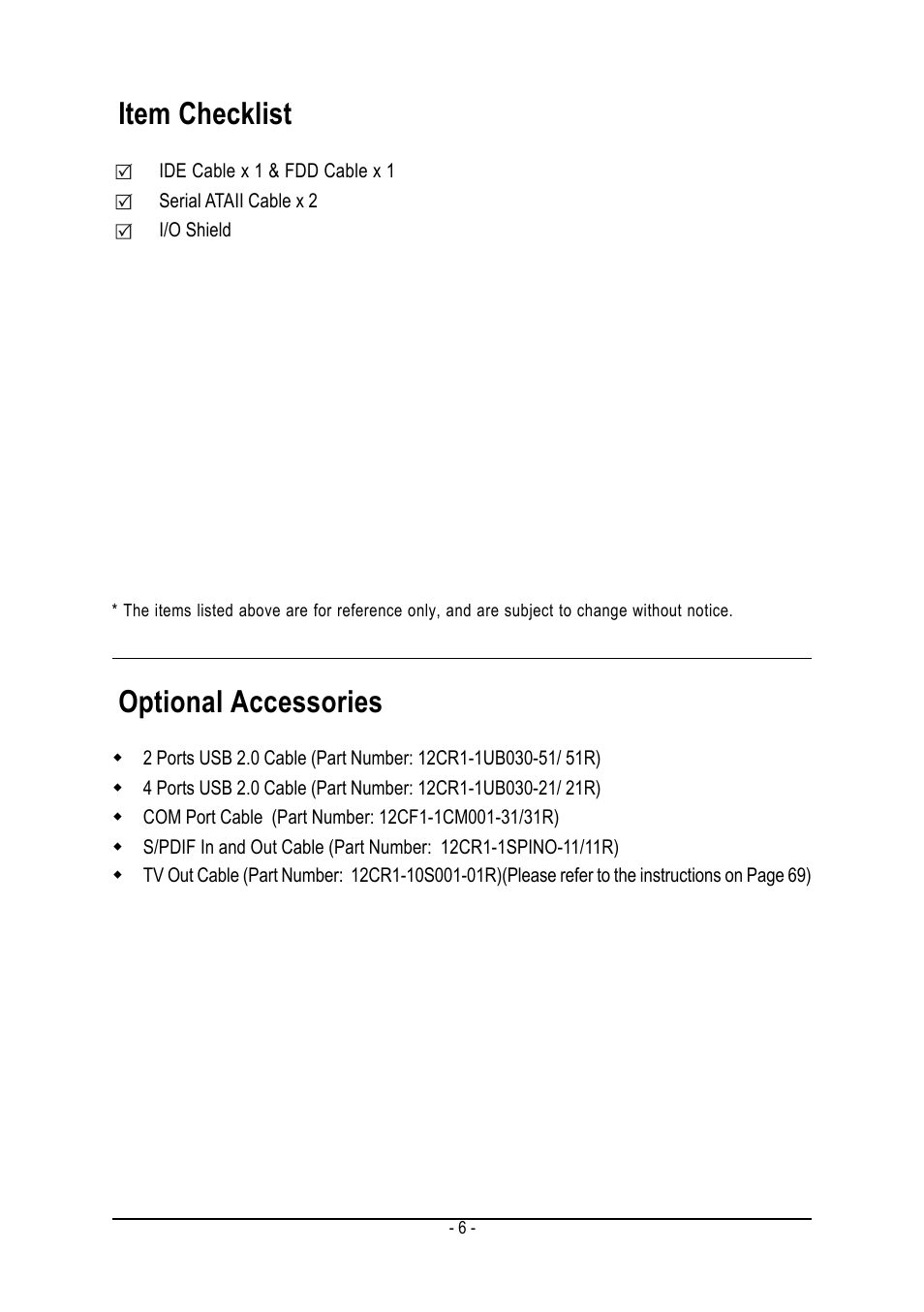 Item checklist, Optional accessories | AMD GA-MA69VM-S2 User Manual | Page 6 / 88