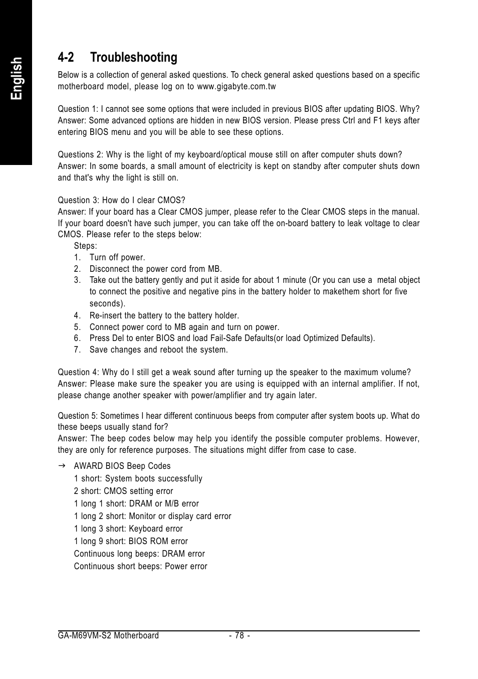 English, 2 troubleshooting | AMD GA-MA69VM-S2 User Manual | Page 78 / 88