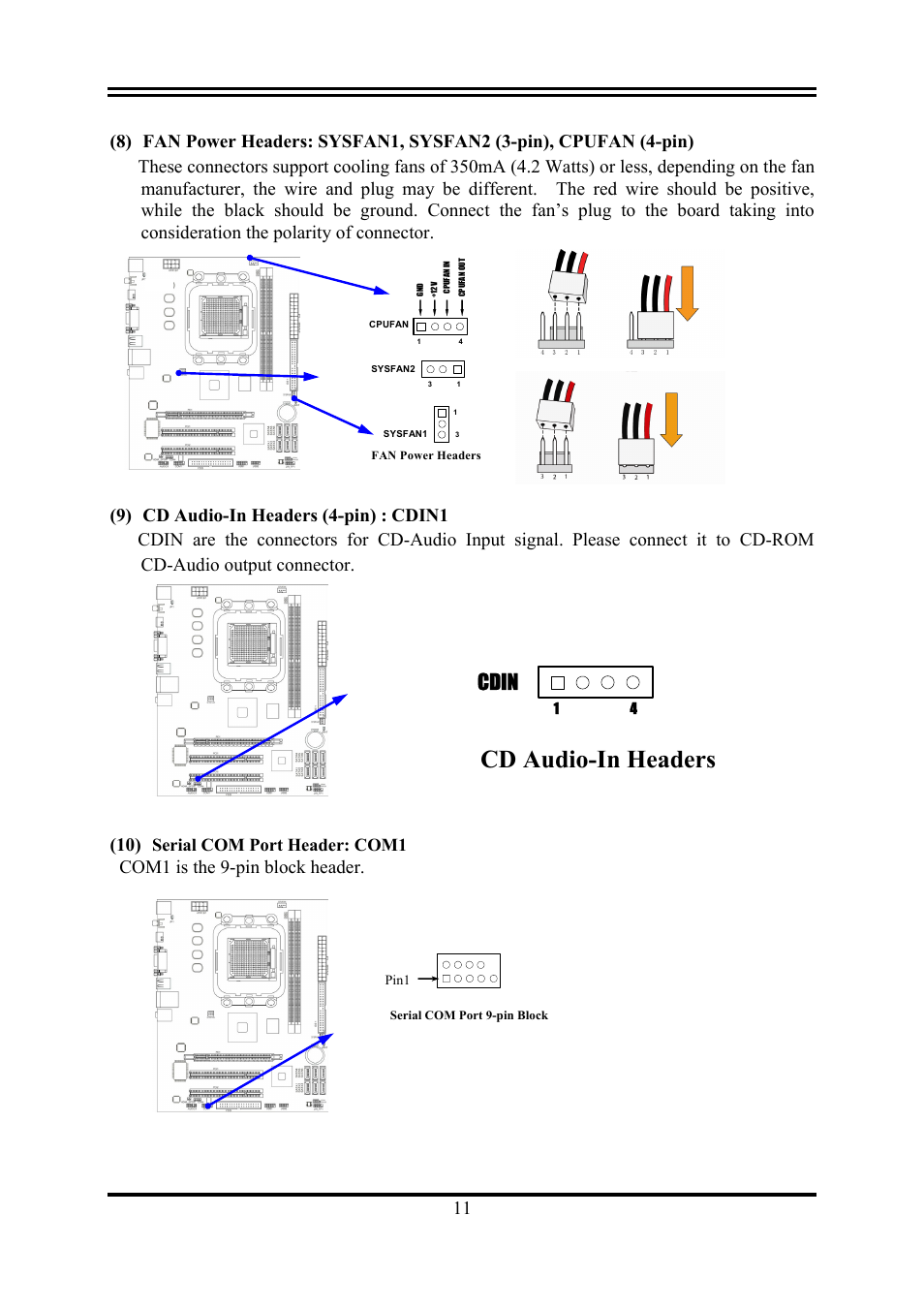 Cd audio-in headers, Cdin, Com1 is the 9-pin block header | Serial com port header: com1 | AMD KM780V User Manual | Page 14 / 21