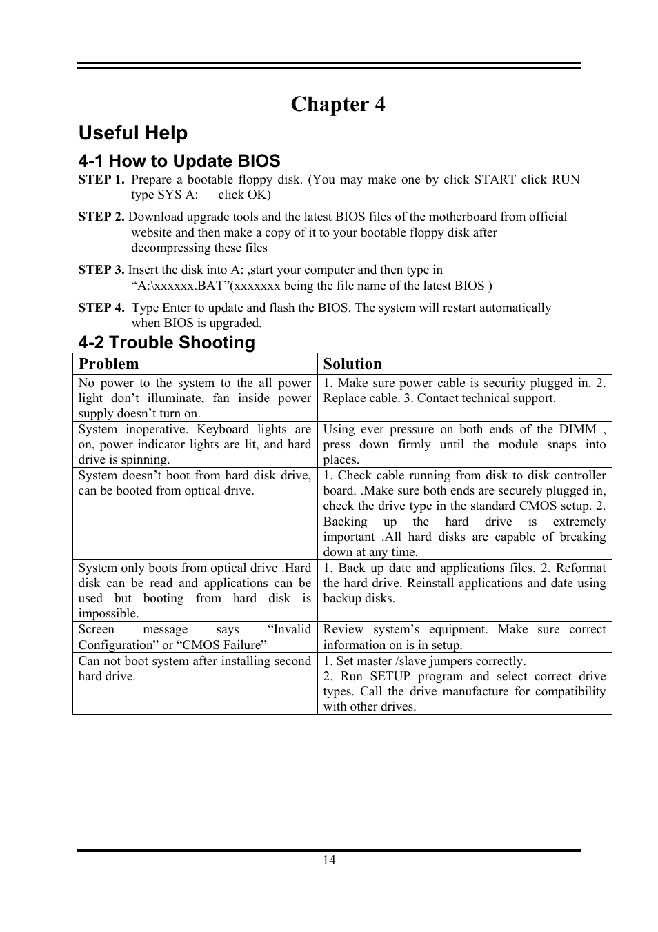 Chapter 4, Useful help, 1 how to update bios | 2 trouble shooting, Problem solution | AMD KM780V User Manual | Page 17 / 21