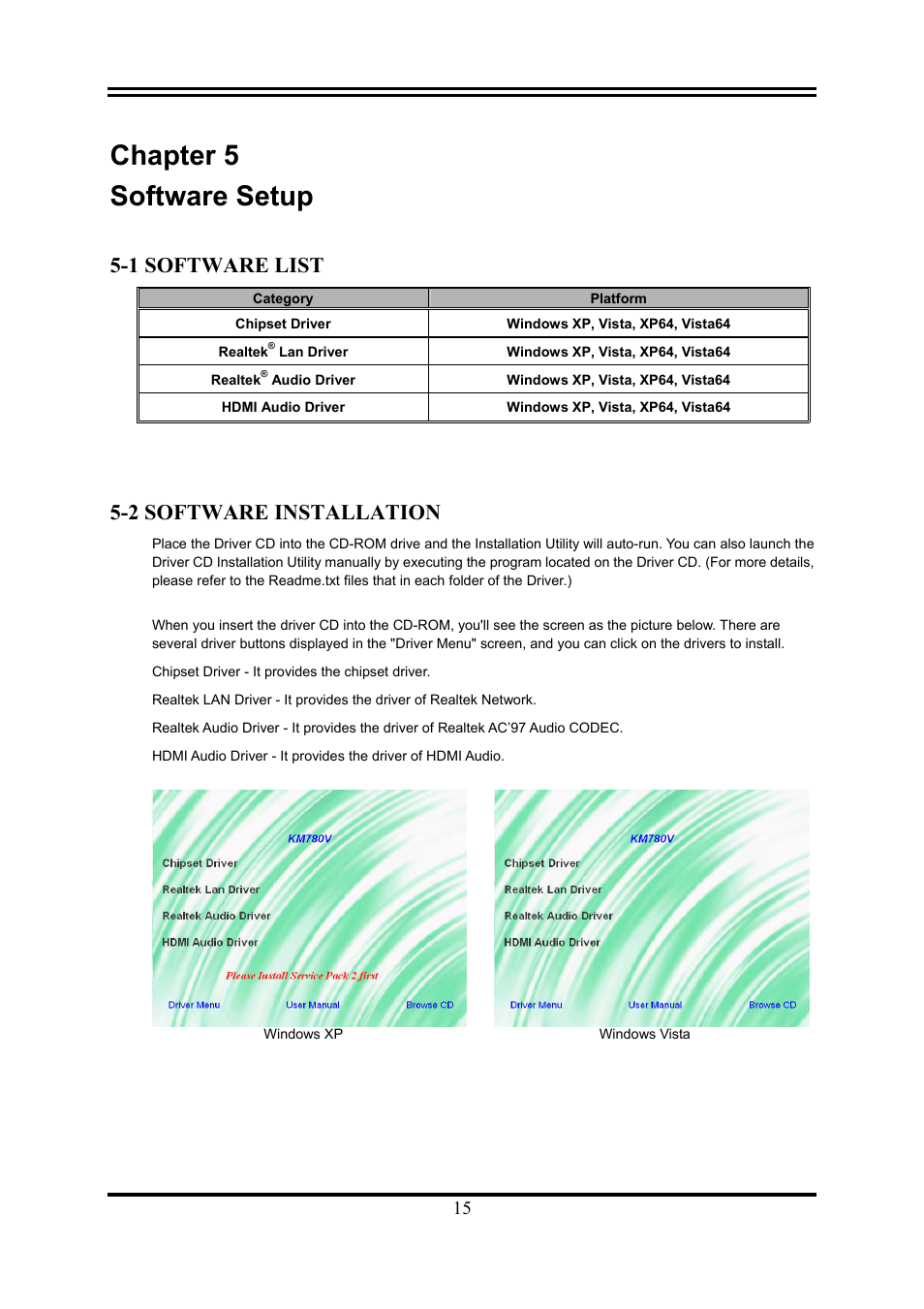 Chapter 5 software setup, 1 software list, 2 software installation | AMD KM780V User Manual | Page 18 / 21