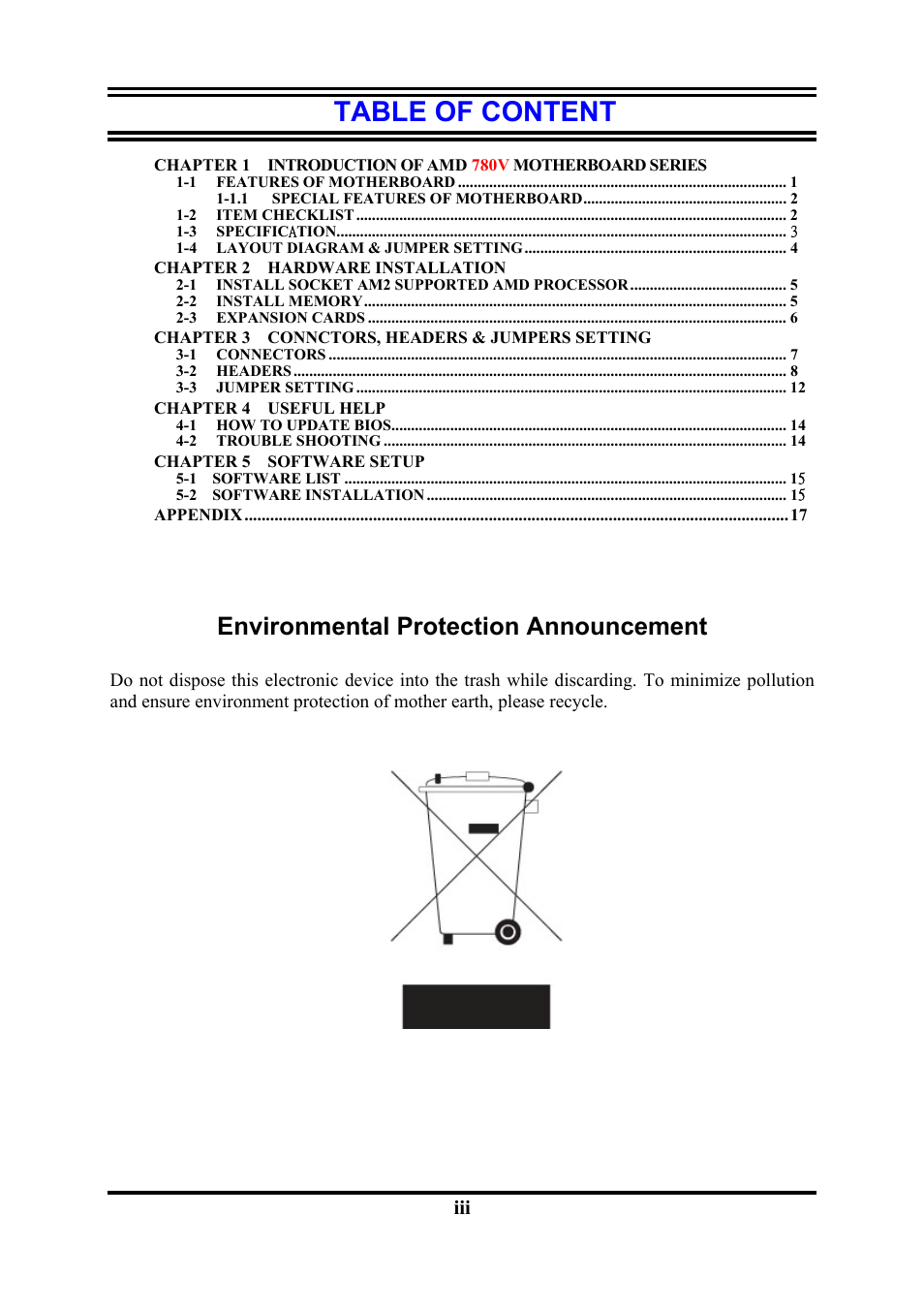 Table of content, Environmental protection announcement | AMD KM780V User Manual | Page 3 / 21