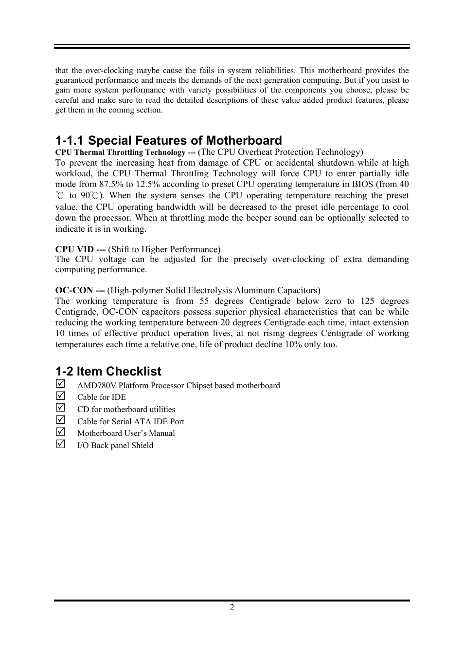 1.1 special features of motherboard, 2 item checklist | AMD KM780V User Manual | Page 5 / 21