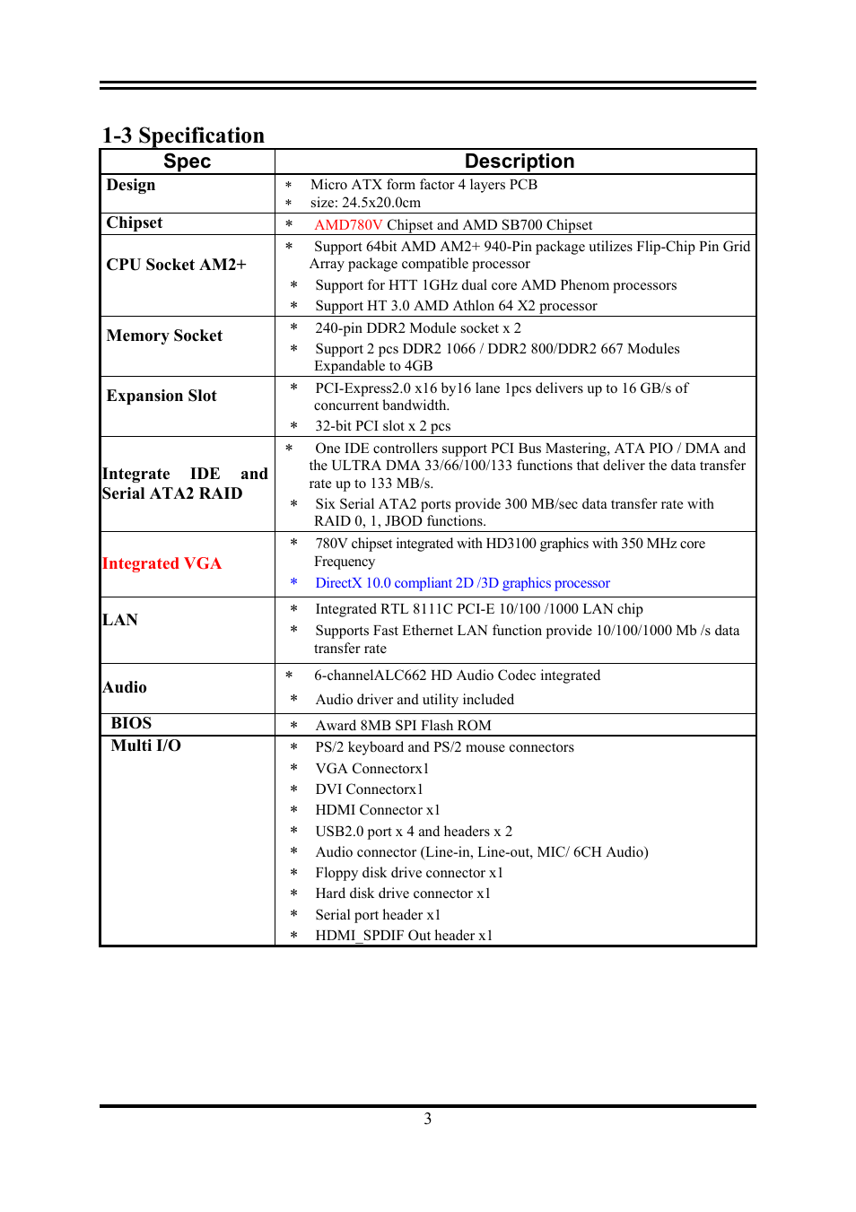 3 specification, Spec description | AMD KM780V User Manual | Page 6 / 21