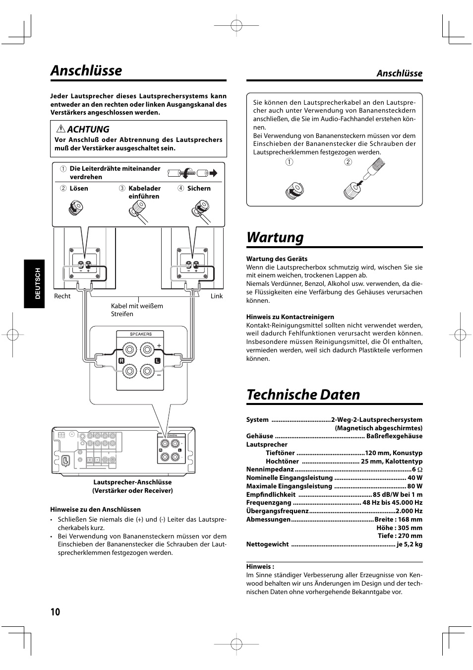 Technische daten, Anschlüsse, Wartung | Achtung | Kenwood K-1000-B User Manual | Page 10 / 20