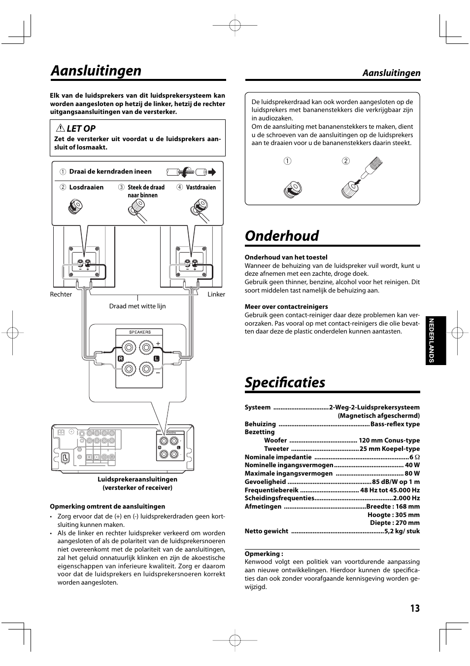 Specifi caties, Aansluitingen, Onderhoud | Let op | Kenwood K-1000-B User Manual | Page 13 / 20