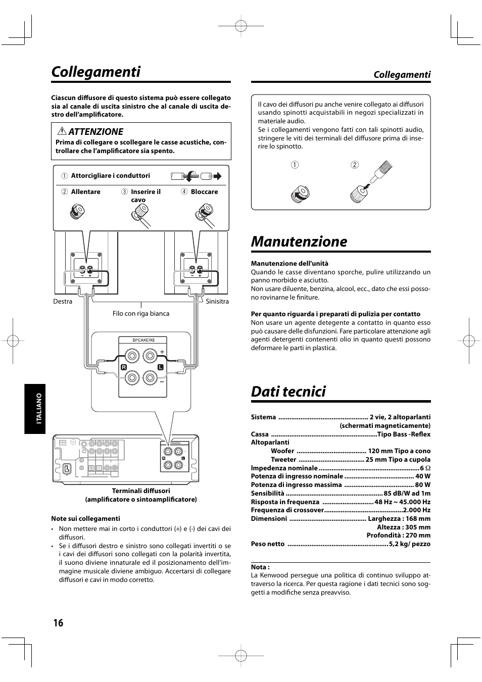 Dati tecnici, Collegamenti, Manutenzione | Attenzione | Kenwood K-1000-B User Manual | Page 16 / 20