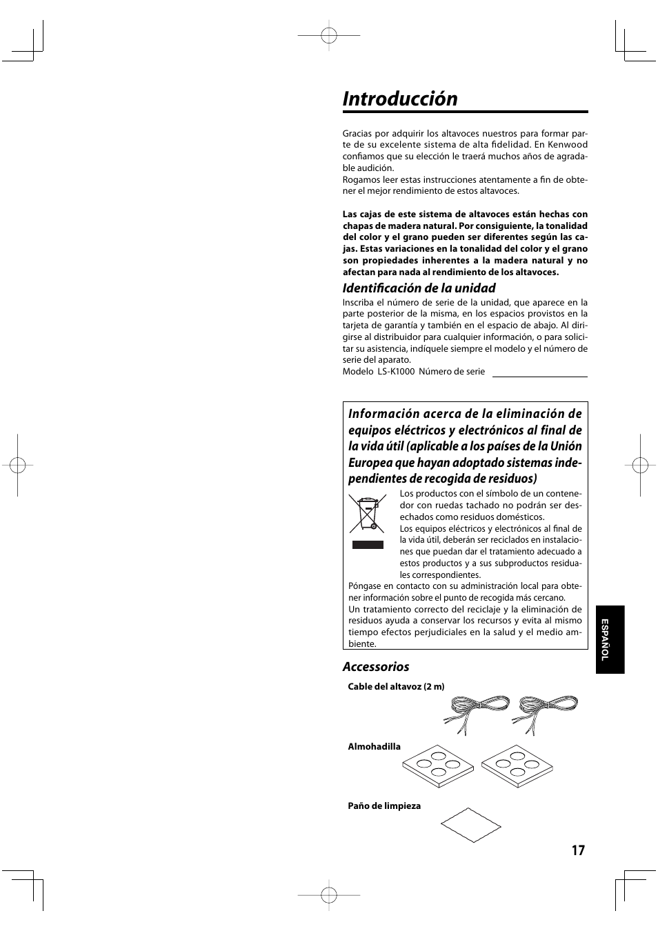 Introducción, Identifi cación de la unidad, Accessorios | Kenwood K-1000-B User Manual | Page 17 / 20