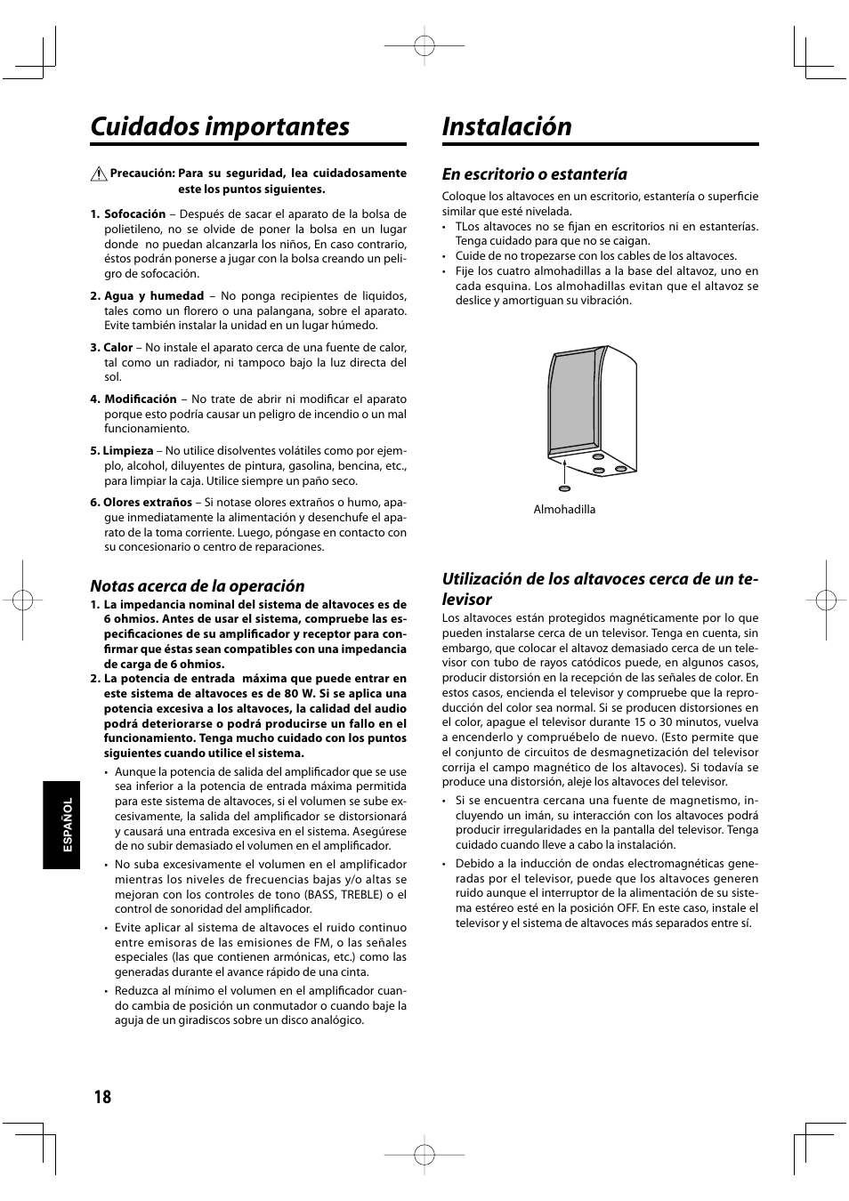 Cuidados importantes, Instalación, Notas acerca de la operación | En escritorio o estantería | Kenwood K-1000-B User Manual | Page 18 / 20