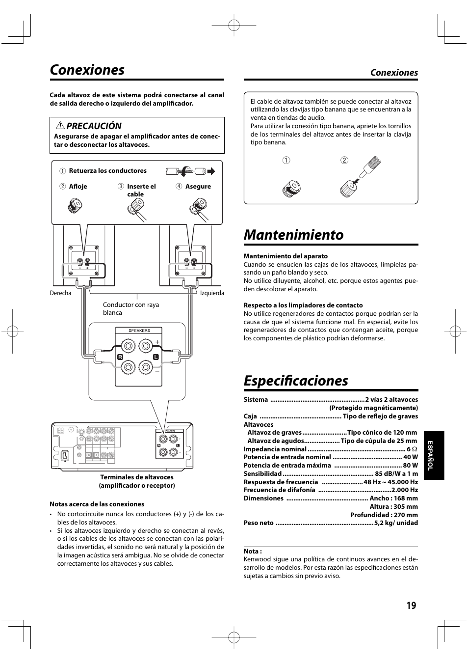 Especifi caciones, Conexiones, Mantenimiento | Precaución | Kenwood K-1000-B User Manual | Page 19 / 20